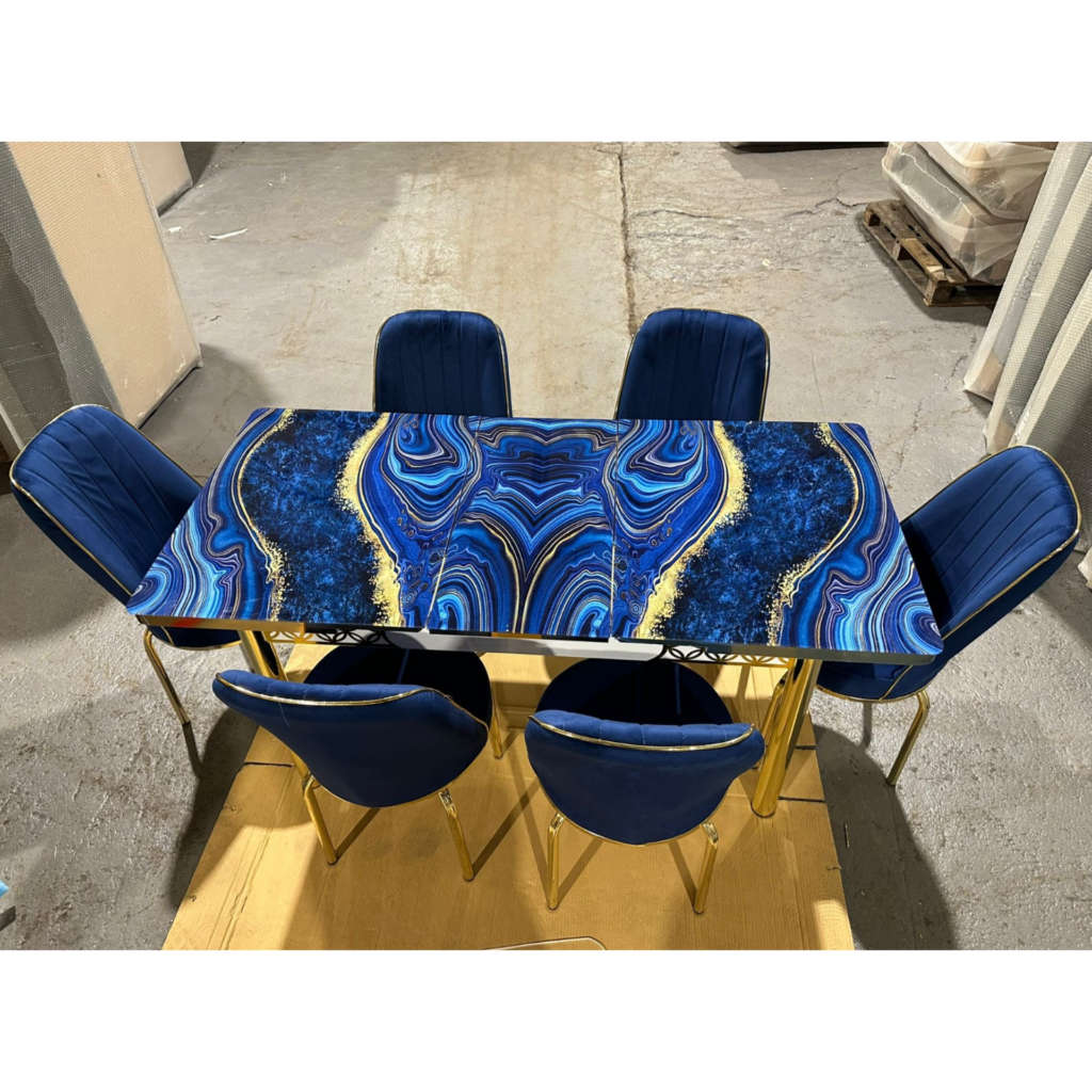 Blue-and-Gold-Resin-Dining-Table-with-Chairs